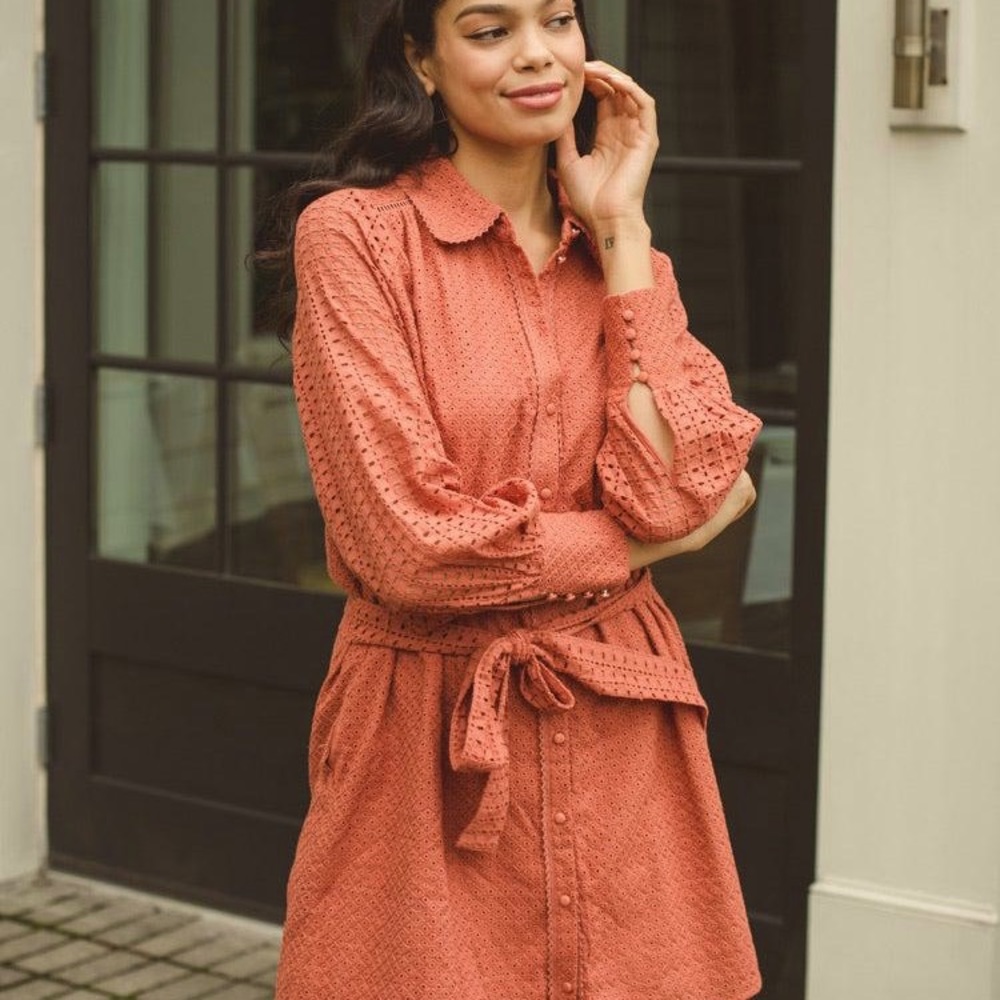 ALLISON EYELET LONG SLEEVE SHIRT DRESS - TERRACOTTA size M NWT